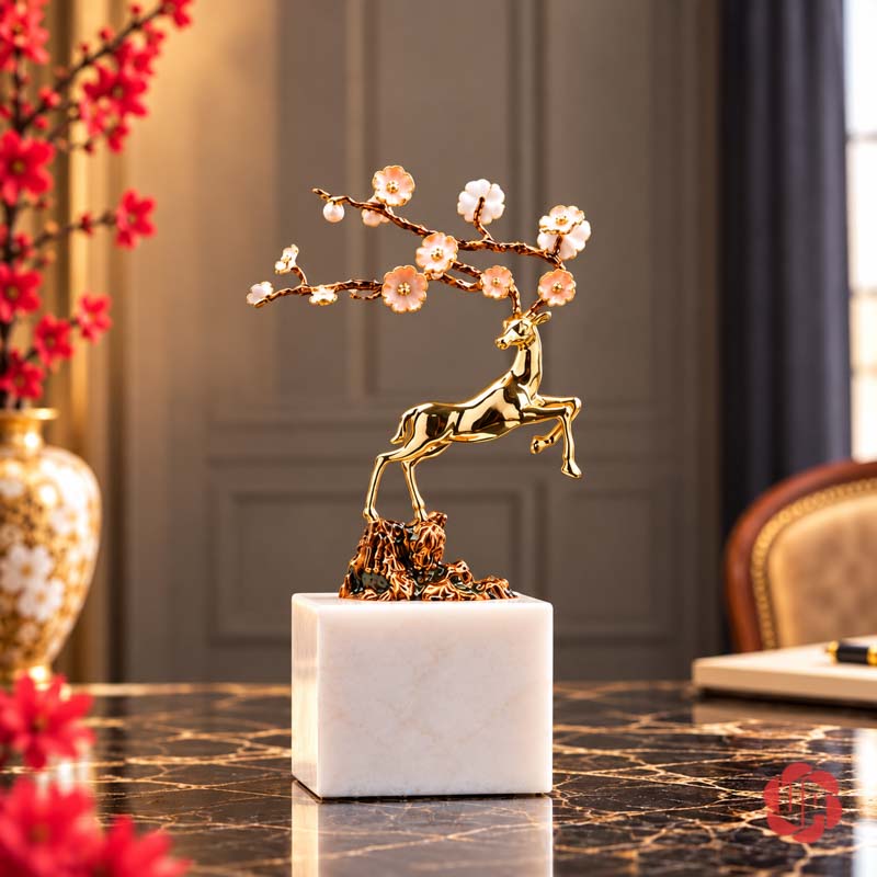 Tượng Trang Trí Decor Hươu Vàng Cành Hoa UPD044 Tượng trang trí decor hươu vàng cành hoa trên bàn phòng khách