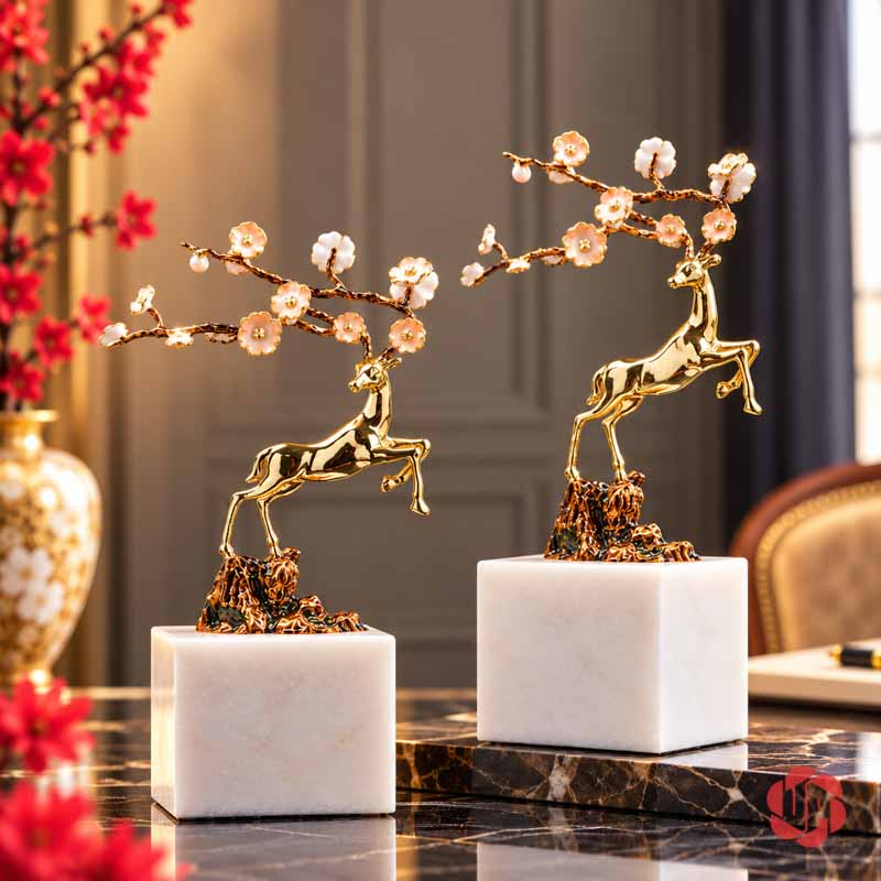 Tượng Trang Trí Decor Hươu Vàng Cành Hoa UPD044 Tượng trang trí decor hươu vàng ghép đôi trên bàn đá