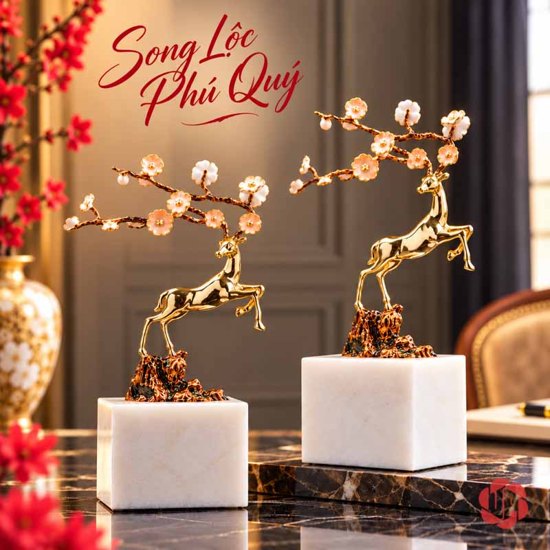 Tượng Trang Trí Decor Hươu Vàng Cành Hoa UPD044 Tượng trang trí decor hươu vàng phối bệ kê cao thấp
