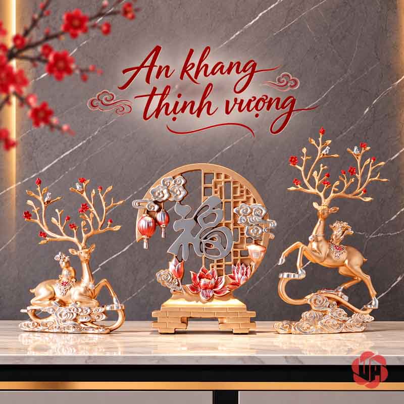 Tượng Trang Trí Đôi Hươu Nghệ Thuật Kèm Chữ Phúc UPV067-NT Hai hươu vàng bên bảng chữ Phúc tròn cùng tông