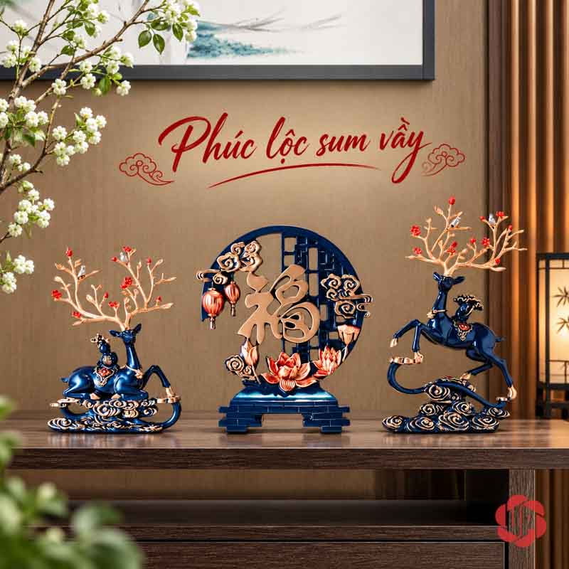 Tượng Trang Trí Đôi Hươu Nghệ Thuật Kèm Chữ Phúc UPV067-NT Bộ hươu xanh chữ Phúc trên tủ gỗ dưới tranh trang trí