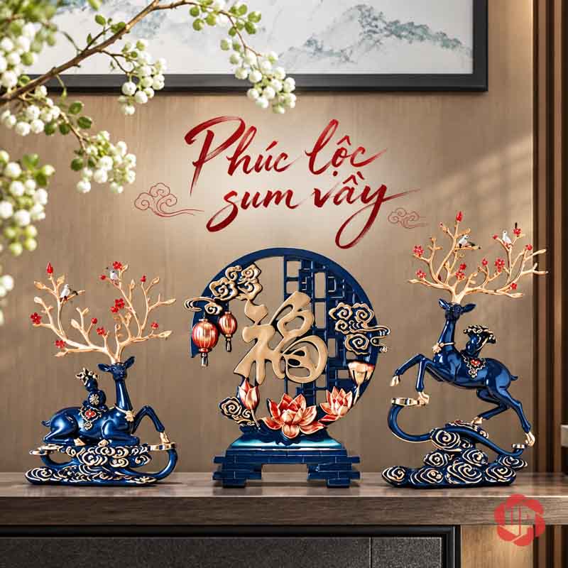 Tượng Trang Trí Đôi Hươu Nghệ Thuật Kèm Chữ Phúc UPV067-NT Hai hươu xanh nghệ thuật đặt hai bên bảng chữ Phúc