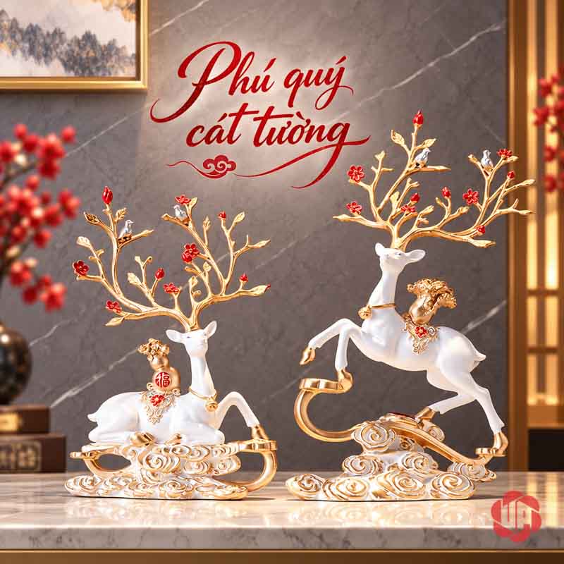 Tượng Trang Trí Đôi Hươu Nghệ Thuật Kèm Chữ Phúc UPV067-NT Hai tượng hươu trắng với gạc vàng và chi tiết hoa đỏ