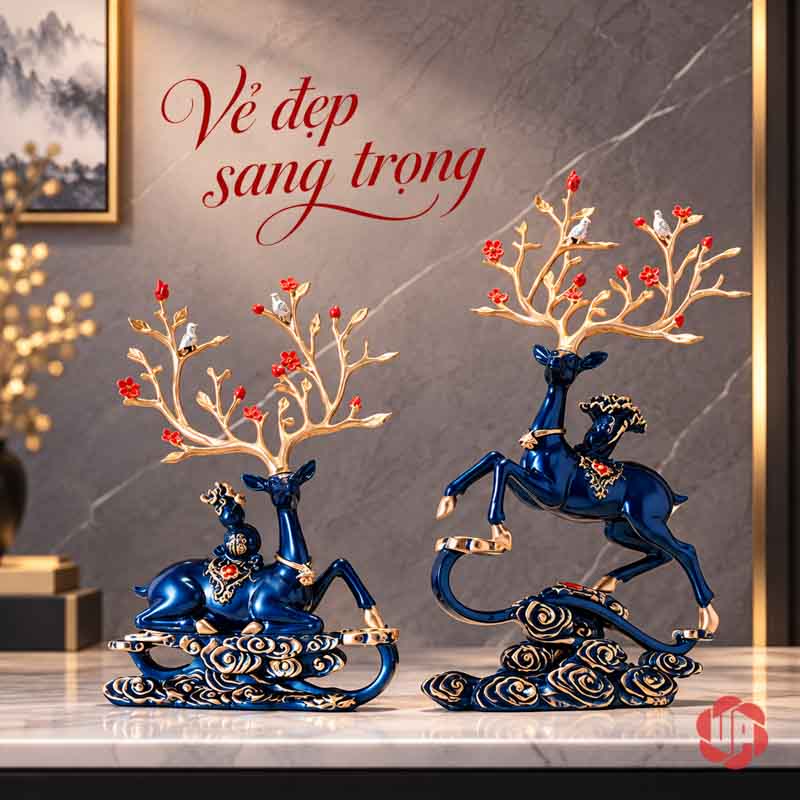 Tượng Trang Trí Đôi Hươu Nghệ Thuật Kèm Chữ Phúc UPV067-NT Hai hươu nghệ thuật xanh với gạc tạo hình cành hoa vàng đỏ