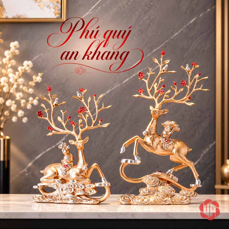 Tượng Trang Trí Đôi Hươu Nghệ Thuật Kèm Chữ Phúc UPV067-NT Đôi hươu vàng với một dáng thấp và một dáng vươn cao