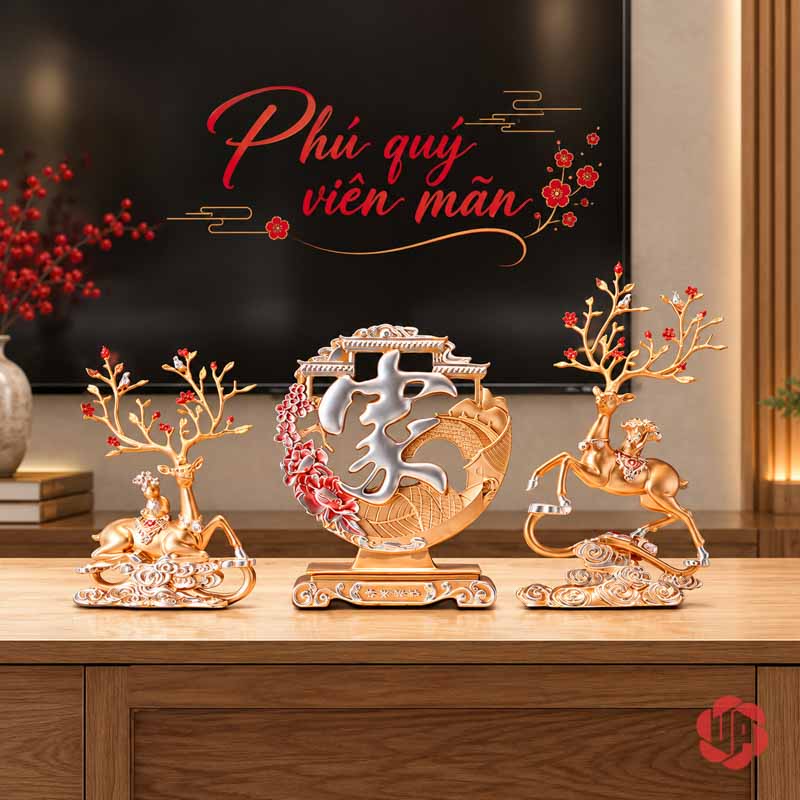 Tượng Trang Trí Đôi Hươu Nghệ Thuật Kèm Chữ Phúc UPV067-NT Cặp hươu vàng và decor chữ Thọ trên tủ gỗ