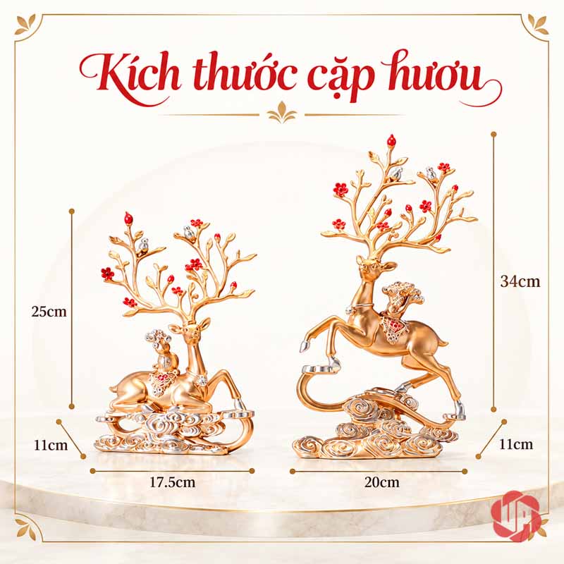 Tượng Trang Trí Đôi Hươu Nghệ Thuật Kèm Chữ Phúc UPV067-NT Ảnh kích thước hươu đứng cao 34 ngang 20 và hươu nằm cao 25 ngang 17,5 cm