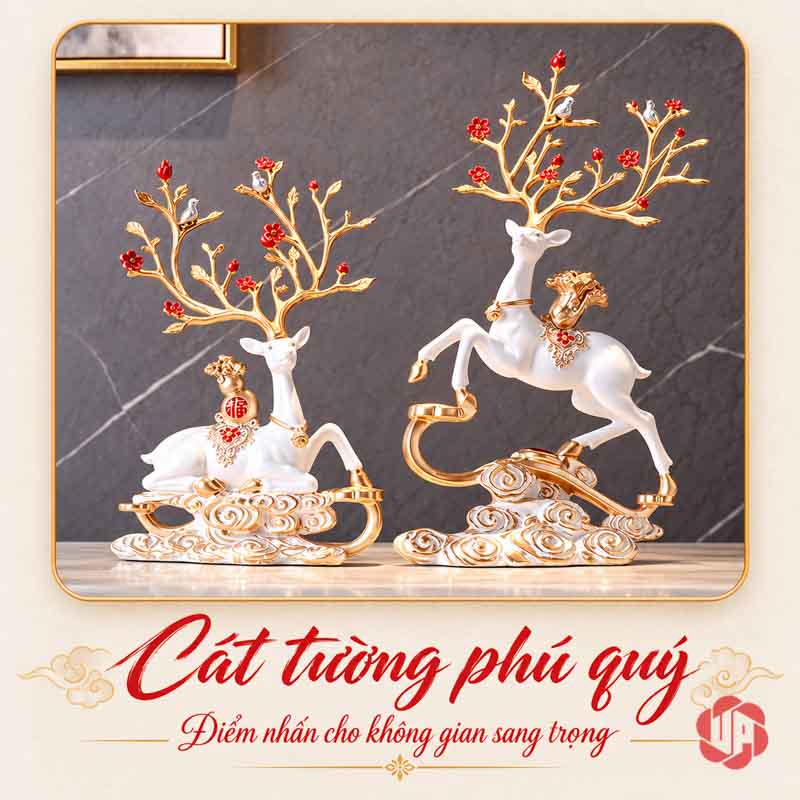 Tượng Trang Trí Đôi Hươu Nghệ Thuật Kèm Chữ Phúc UPV067-NT Ảnh giới thiệu cặp hươu trắng vàng với bệ mây