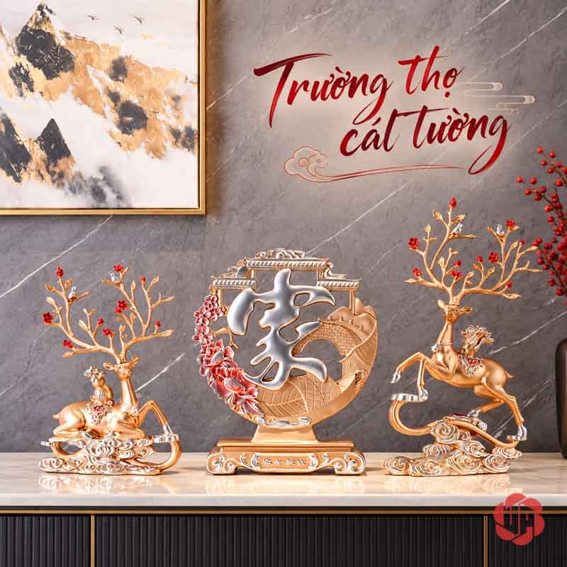 Tượng Trang Trí Đôi Hươu Nghệ Thuật Kèm Chữ Phúc UPV067-NT Hai hươu vàng phối thêm món decor chữ Thọ ở giữa