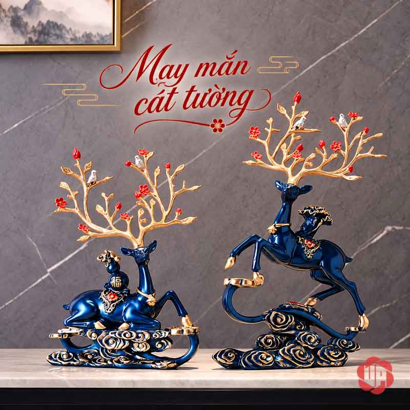 Tượng Trang Trí Đôi Hươu Nghệ Thuật Kèm Chữ Phúc UPV067-NT Cặp hươu xanh với dáng nâng chân trên phần bệ mây uốn