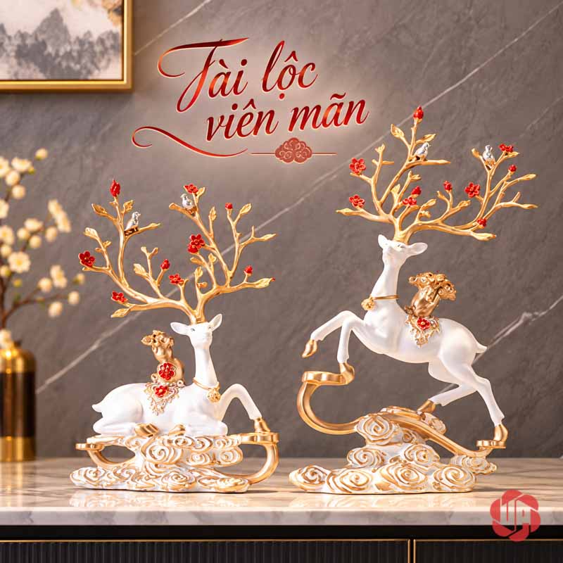 Tượng Trang Trí Đôi Hươu Nghệ Thuật Kèm Chữ Phúc UPV067-NT Cặp hươu trắng vàng trên mặt tủ trong góc nội thất