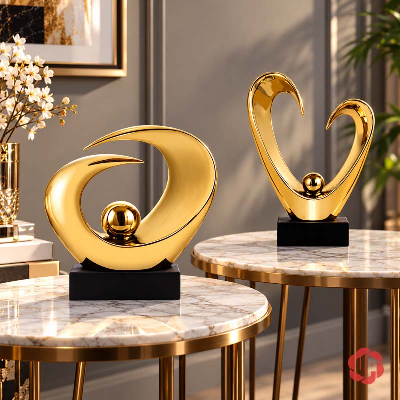 Tượng Trang Trí Nghệ Thuật Đôi Mắt Và Tầm Nhìn UP038 Tượng trang trí Đôi Mắt màu vàng phối tượng dạng tim trên hai bàn tròn