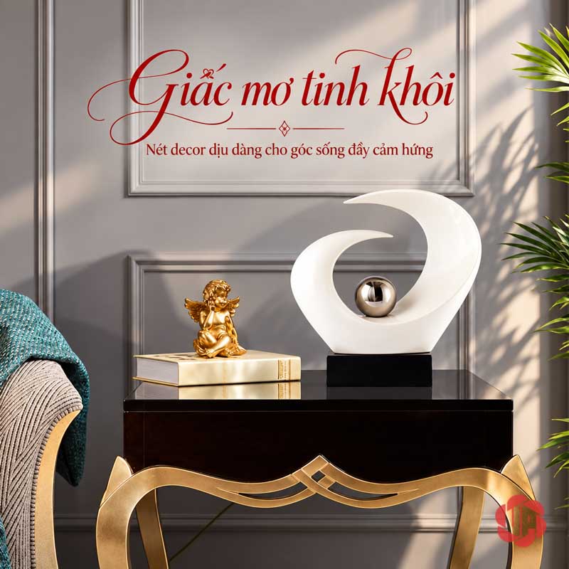 Tượng Trang Trí Nghệ Thuật Đôi Mắt Và Tầm Nhìn UP038 Tượng trang trí Đôi Mắt trắng trên bàn đen cạnh sofa