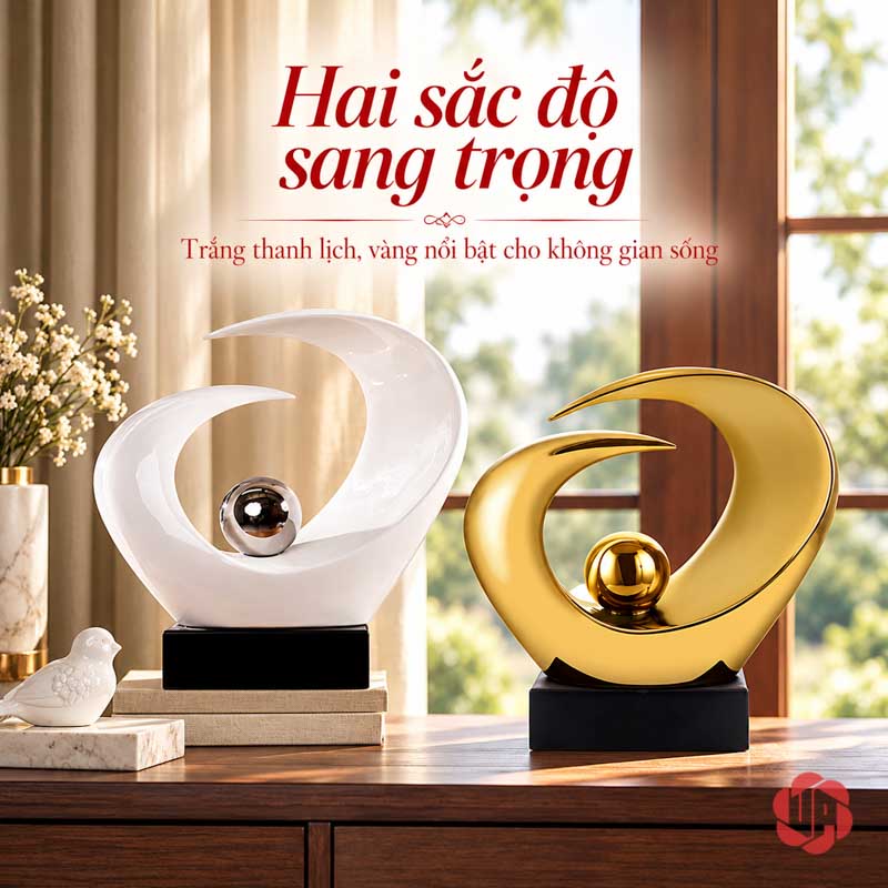 Tượng Trang Trí Nghệ Thuật Đôi Mắt Và Tầm Nhìn UP038 Tượng trang trí Đôi Mắt trắng và vàng phối cao thấp trên tủ gỗ