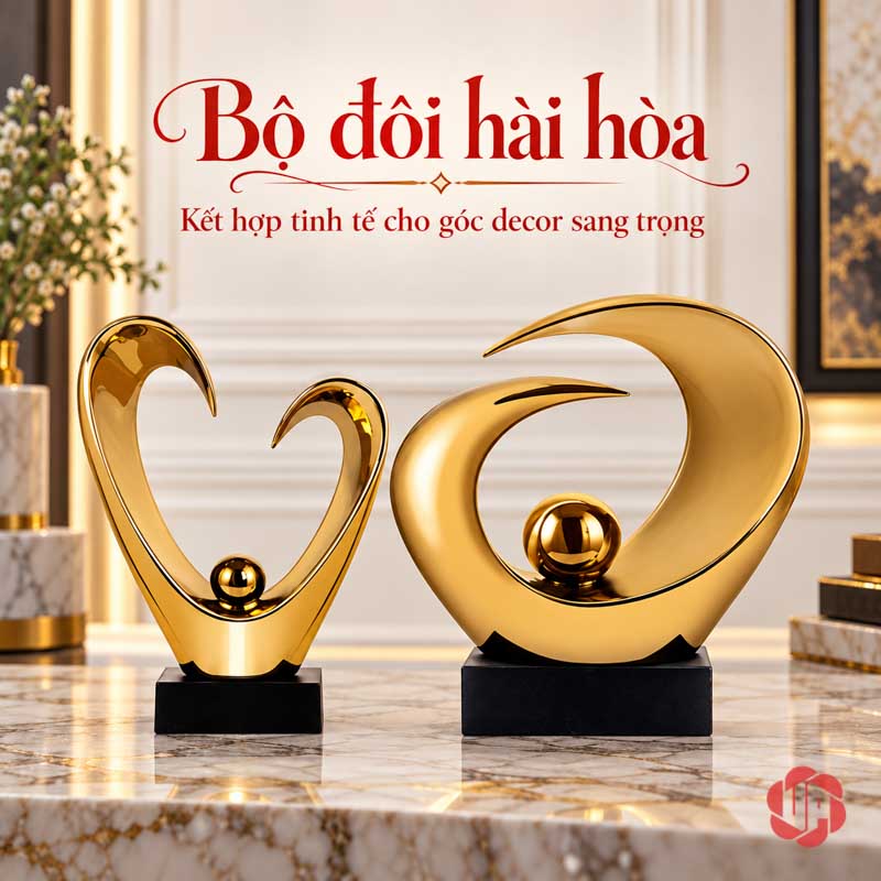 Tượng Trang Trí Nghệ Thuật Đôi Mắt Và Tầm Nhìn UP038 Tượng trang trí Đôi Mắt vàng đặt cạnh tượng dạng tim cùng tông
