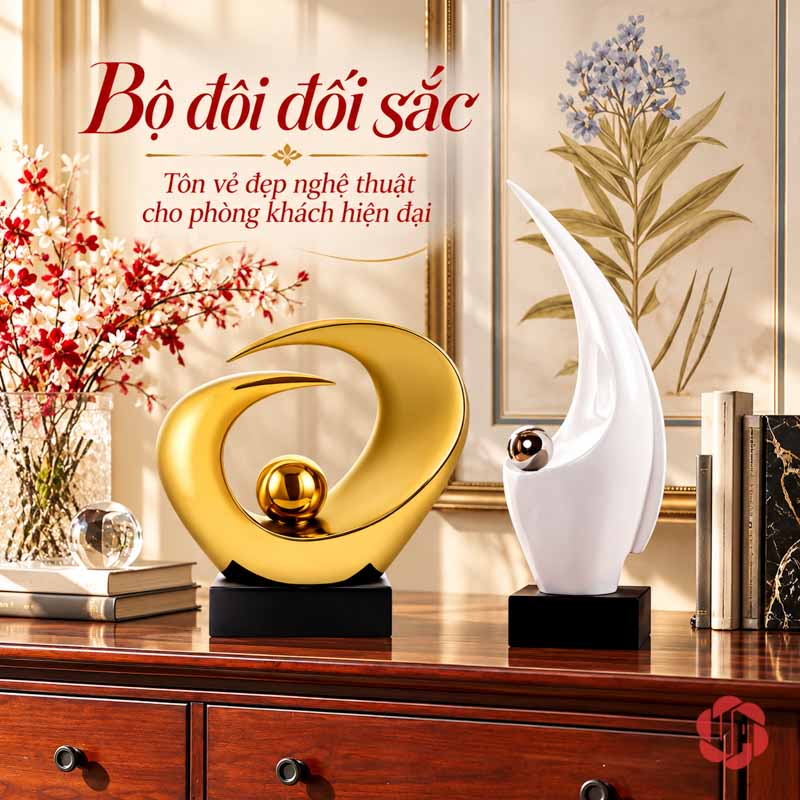 Tượng Trang Trí Nghệ Thuật Đôi Mắt Và Tầm Nhìn UP038 Tượng trang trí Đôi Mắt vàng phối tượng trắng cao bên bình hoa