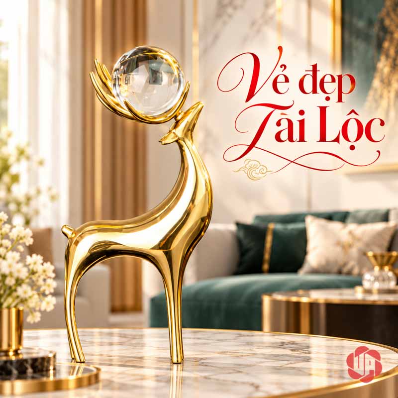 Tượng Trang Trí Hươu Đồng Nâng Cầu Thủy Tinh UPD060A Tượng trang trí hươu đồng dáng đứng trước sofa xanh