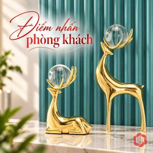 Tượng trang trí hươu đồng nâng cầu trên mặt đá sáng
