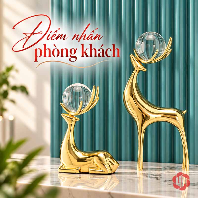Tượng Trang Trí Hươu Đồng Nâng Cầu Thủy Tinh UPD060A Tượng trang trí hươu đồng nâng cầu trên mặt đá sáng