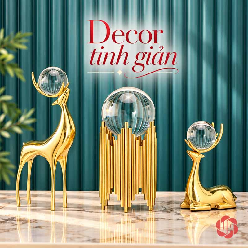 Tượng Trang Trí Hươu Đồng Nâng Cầu Thủy Tinh UPD060A Tượng trang trí hươu đồng phối cầu trên trụ thẳng thấp