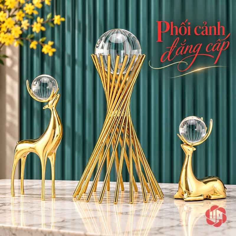 Tượng Trang Trí Hươu Đồng Nâng Cầu Thủy Tinh UPD060A Tượng trang trí hươu đồng phối cầu trên trụ xoắn cao