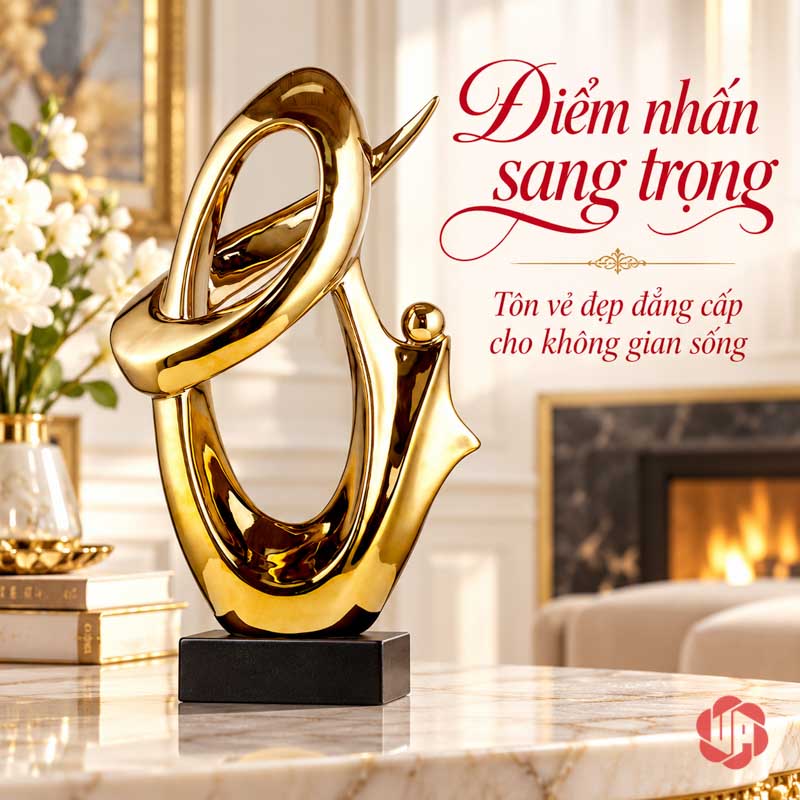 Tượng Trang Trí Nghệ Thuật Kho Báu UP039 Tượng trang trí Kho Báu đặt trên mặt tủ sáng cạnh sách và hoa