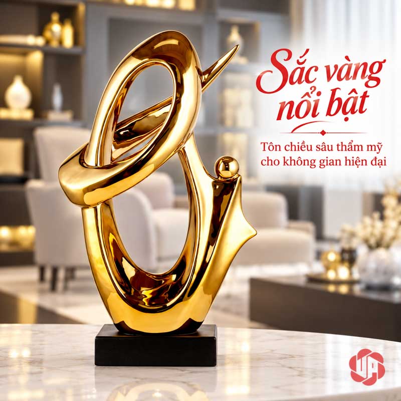 Tượng Trang Trí Nghệ Thuật Kho Báu UP039 Tượng trang trí Kho Báu màu vàng nhìn nghiêng trước nền phòng khách