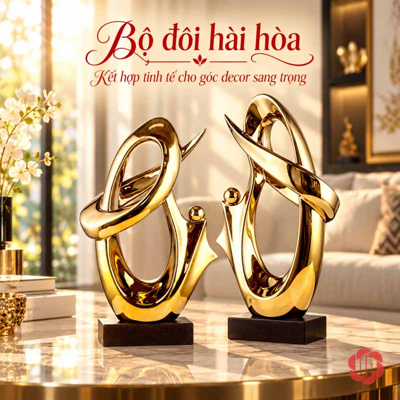 Tượng Trang Trí Nghệ Thuật Kho Báu UP039 Tượng trang trí Kho Báu phối hai tượng vàng xoay đối hướng