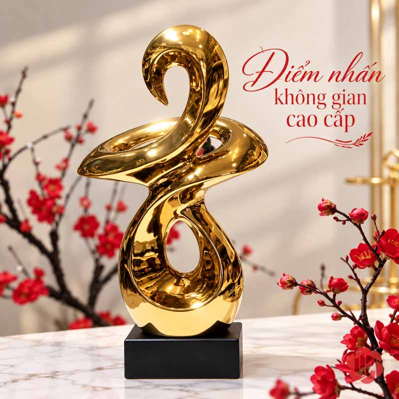 Tượng Trang Trí Nghệ Thuật Vận May Và Bước Ngoặt UP054V Tượng trang trí mạ vàng đặt cạnh cành hoa đỏ