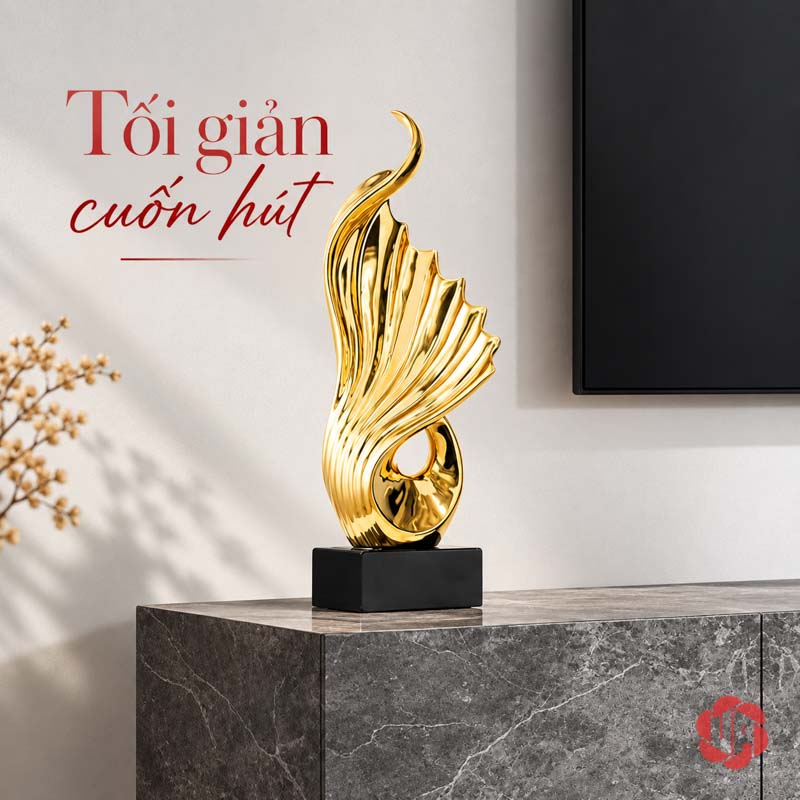 Tượng Trang Trí Nghệ Thuật Giàu Có Đến Từ Mọi Hướng UP065V Tượng trang trí nghệ thuật dáng cao trên kệ xám cạnh màn hình