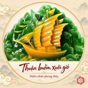 Tượng trang trí phong thủy với thuyền vàng trong khung ảnh tròn