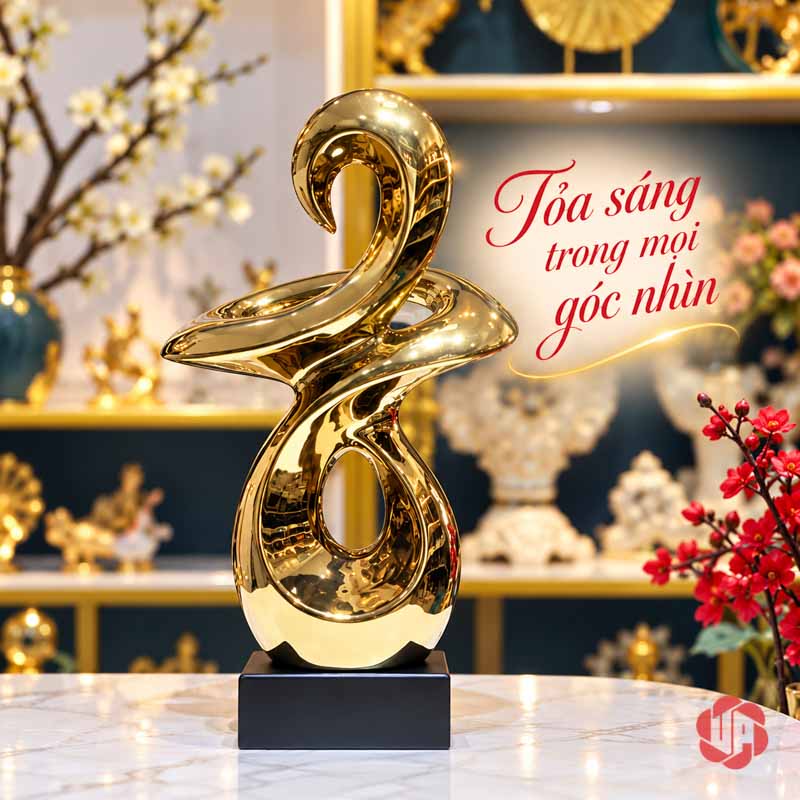 Tượng Trang Trí Nghệ Thuật Vận May Và Bước Ngoặt UP054V Tượng trang trí Vận may giữa kệ xanh và cành hoa đỏ