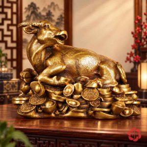 Tượng trâu bằng đồng nằm trên tiền với nền sáng