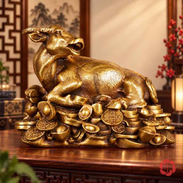 Tượng trâu bằng đồng nằm trên tiền với nền sáng