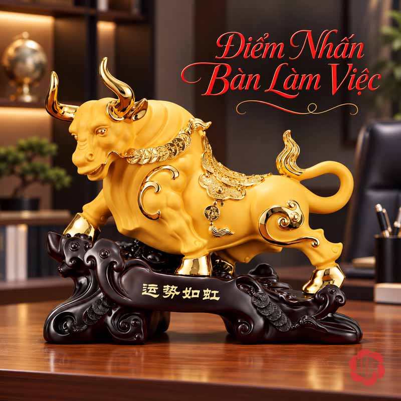 Tượng Phong Thủy Trâu Vàng Thịnh Vượng UPV083 Tượng trâu vàng đặt trên bàn trong phòng làm việc