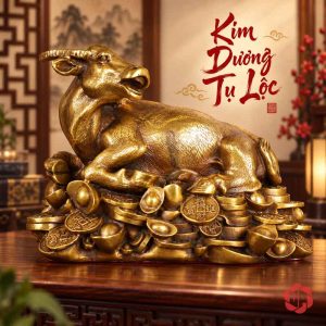 Tượng trâu vàng đồng nằm trên đế tiền nhìn nghiêng