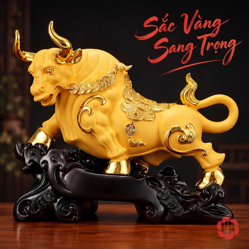 Tượng Phong Thủy Trâu Vàng Thịnh Vượng UPV083 Tượng trâu vàng nhìn nghiêng trên mặt bàn gỗ