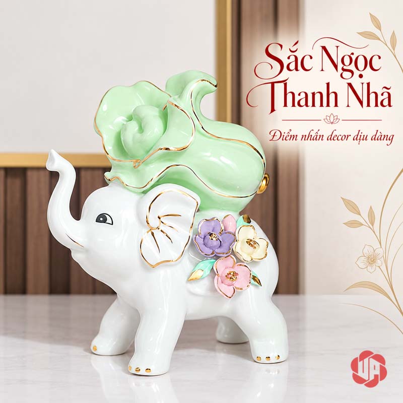 Tượng Trang Trí Đôi Voi Tài Lộc Hồ Lô Và Bắp Cải UPS033 Tượng voi trắng cõng bắp cải với cụm hoa nhiều màu