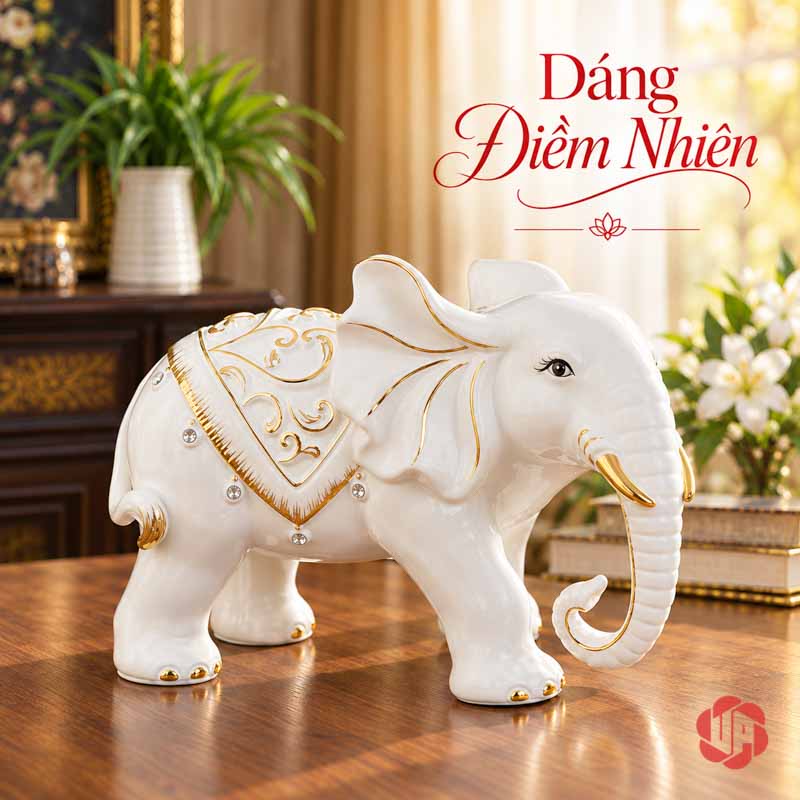 Đồ Trang Trí Nhà Đẹp Đôi Voi Gốm Sứ May Mắn UPS015 Tượng voi trắng vòi buông cong trên mặt bàn