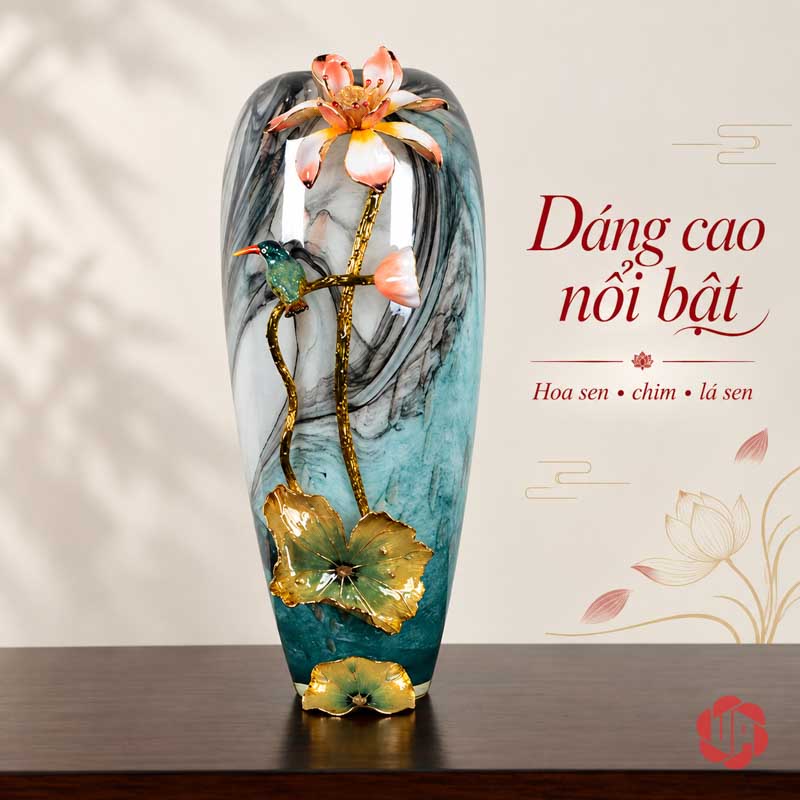 Bình Hoa Sen Thủy Tinh Tráng Men Xanh Ngọc UPT16 Bình hoa sen cao 52 cm tráng men xanh họa tiết hoa nổi