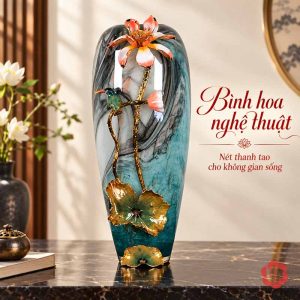 Bình hoa sen dáng cao UPT16 màu xanh ngọc với hoa sen nổi trên thân