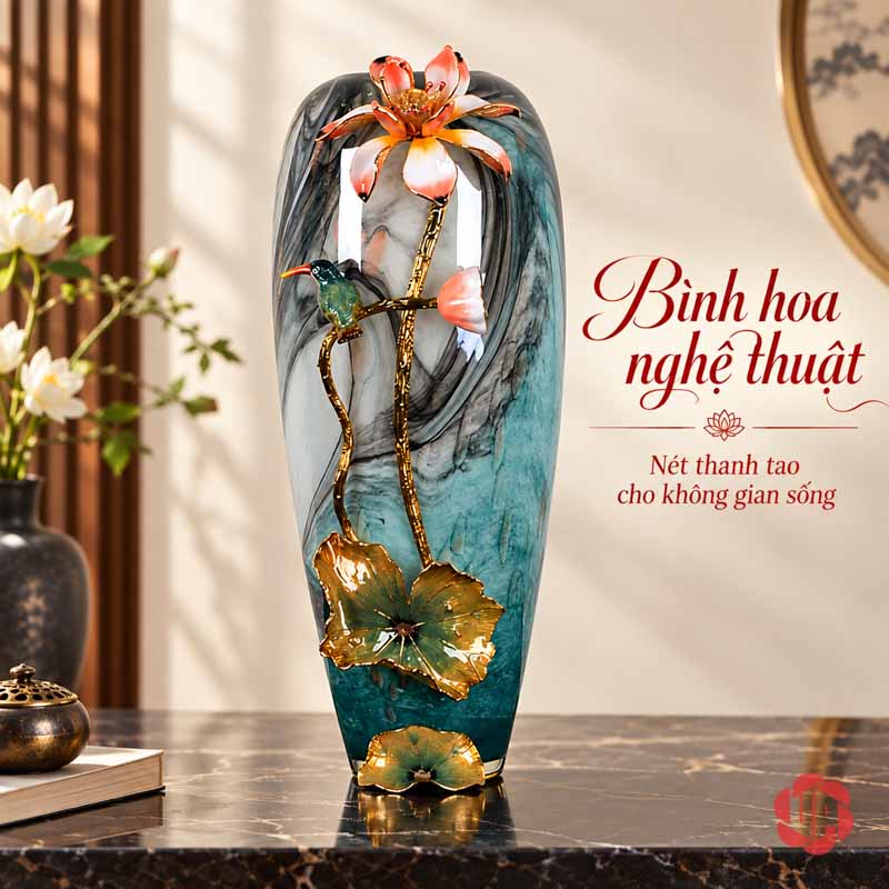 Bình Hoa Sen Thủy Tinh Tráng Men Xanh Ngọc UPT16 Bình hoa sen dáng cao UPT16 màu xanh ngọc với hoa sen nổi trên thân