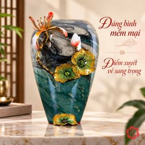 Bình hoa sen dáng thấp thủy tinh tráng men xanh cùng họa tiết lá sen