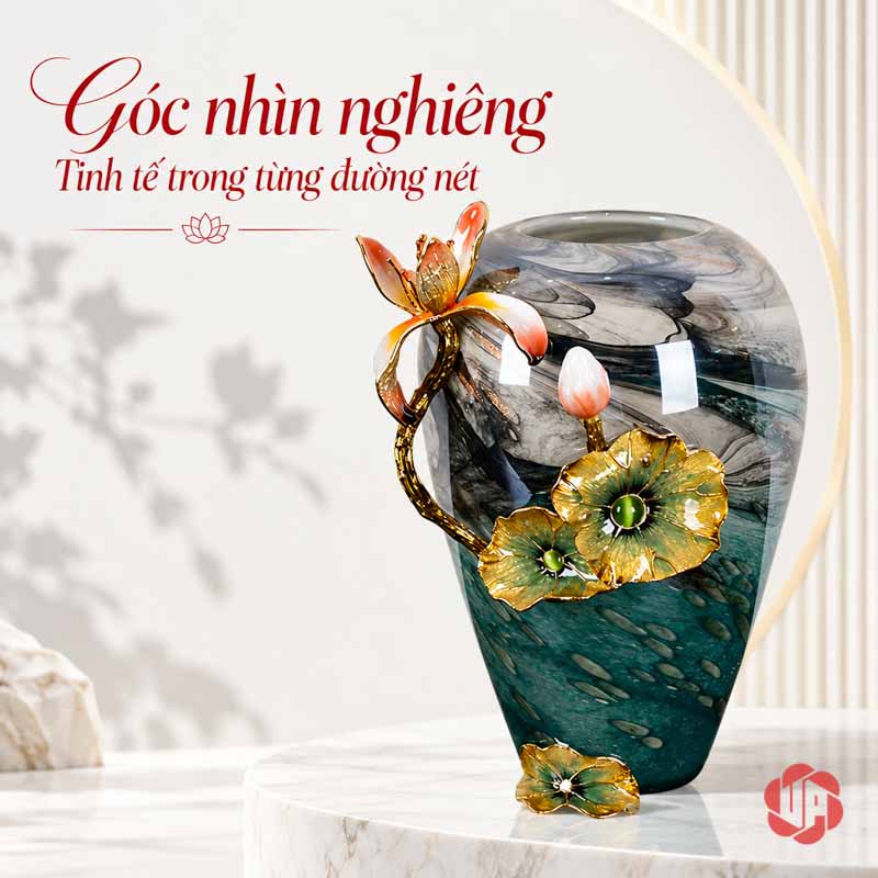Bình Hoa Sen Thủy Tinh Tráng Men Xanh Ngọc UPT16 Bình hoa sen dáng thấp nhìn nghiêng với thân thủy tinh vân màu xanh