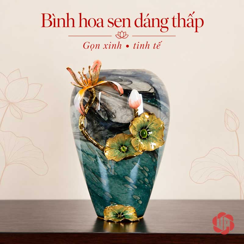 Bình Hoa Sen Thủy Tinh Tráng Men Xanh Ngọc UPT16 Bình sen thủy tinh dáng thấp vân xanh ngọc phối hoa sen