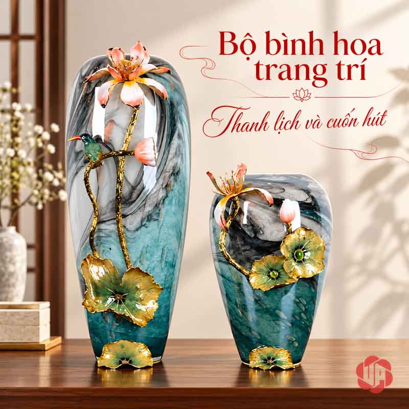 Bình Hoa Sen Thủy Tinh Tráng Men Xanh Ngọc UPT16 Bộ hai bình hoa sen tráng men xanh ngọc đặt trên bàn trang trí
