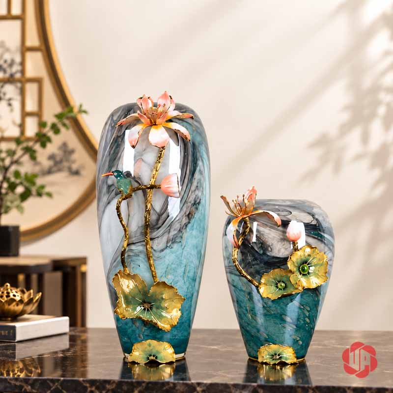 Bình Hoa Sen Thủy Tinh Tráng Men Xanh Ngọc UPT16 Cặp bình hoa sen UPT16 cao thấp thủy tinh tráng men xanh ngọc