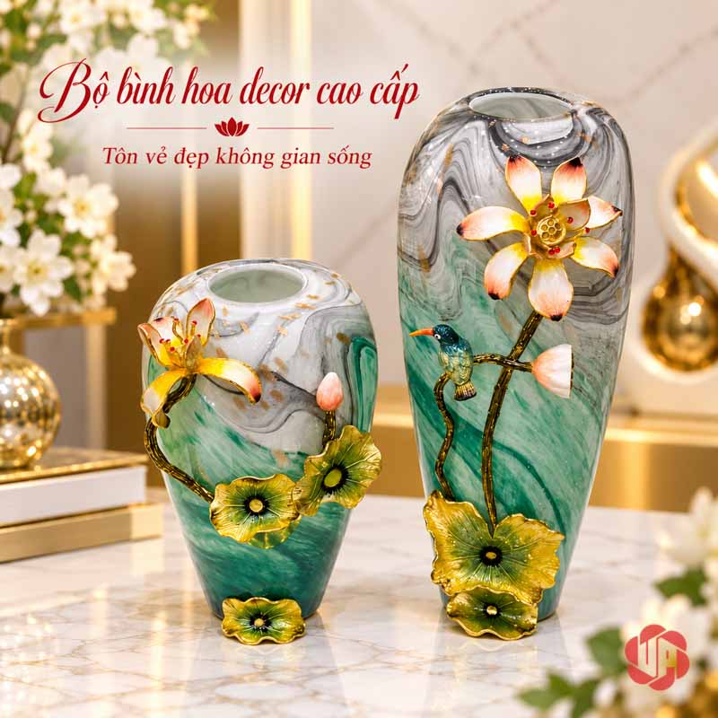 Bình Hoa Sen Thủy Tinh Tráng Men Xanh Ngọc UPT16 Cặp bình thủy tinh hoa sen xanh ngọc trong phòng khách sang trọng