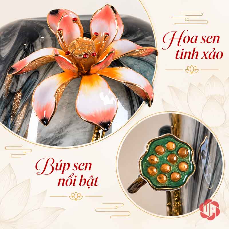 Bình Hoa Sen Thủy Tinh Tráng Men Xanh Ngọc UPT16 Cận cảnh hoa sen búp sen trên bình thủy tinh xanh UPT16