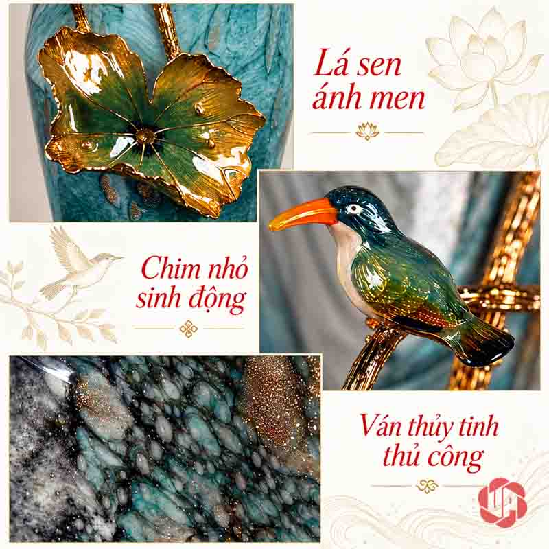 Bình Hoa Sen Thủy Tinh Tráng Men Xanh Ngọc UPT16 Chi tiết lá sen và chim đậu trên bình hoa sen thủy tinh